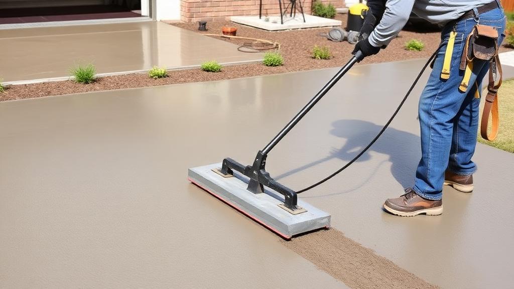 Concrete contractor smoothing a freshly poured residential concrete patio with a screed board.