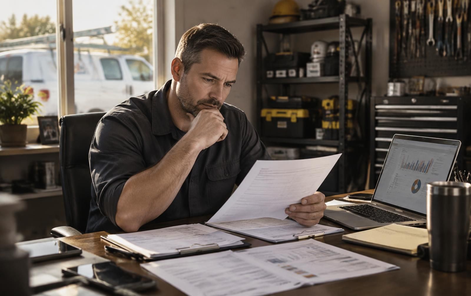 Home service business owner reviewing separate marketing vendor invoices