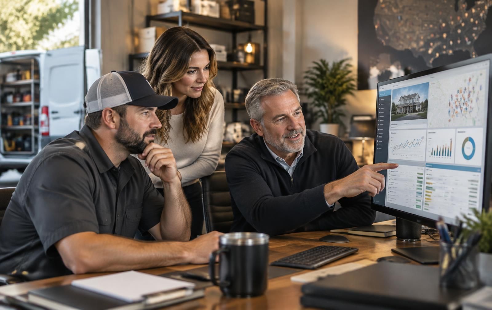 Contractor reviewing marketing performance with an independent advisor