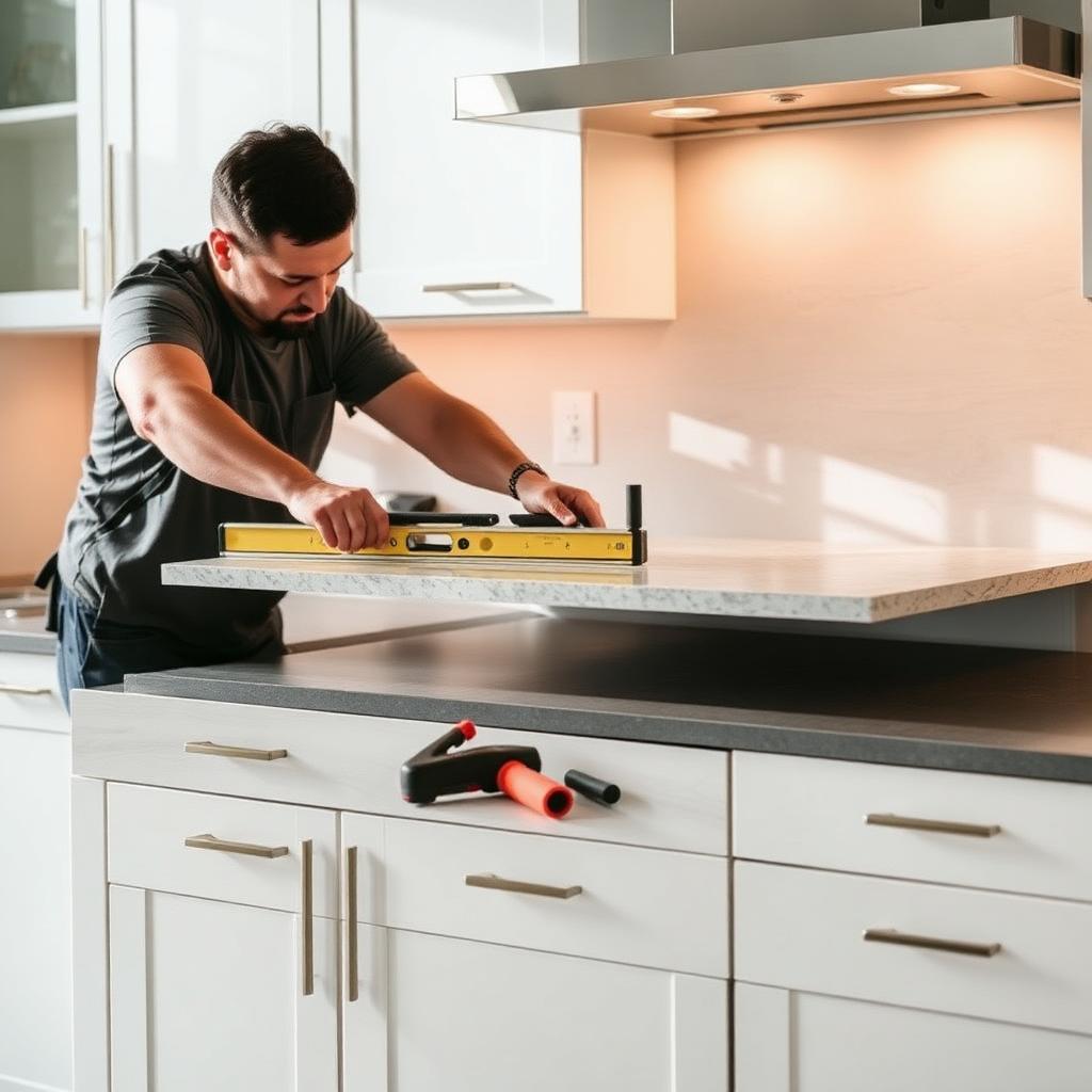 Countertop fabricator using a level to install a quartz slab on kitchen cabinets.