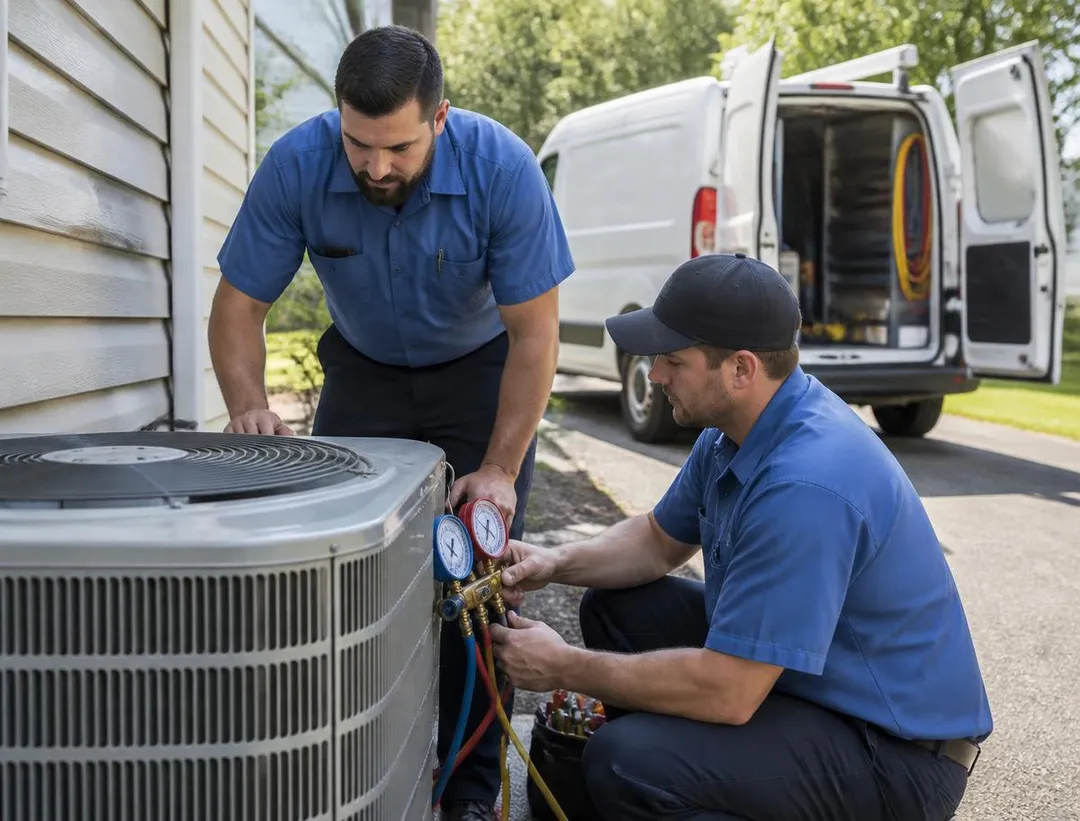 HVAC technicians standing in front of their service van