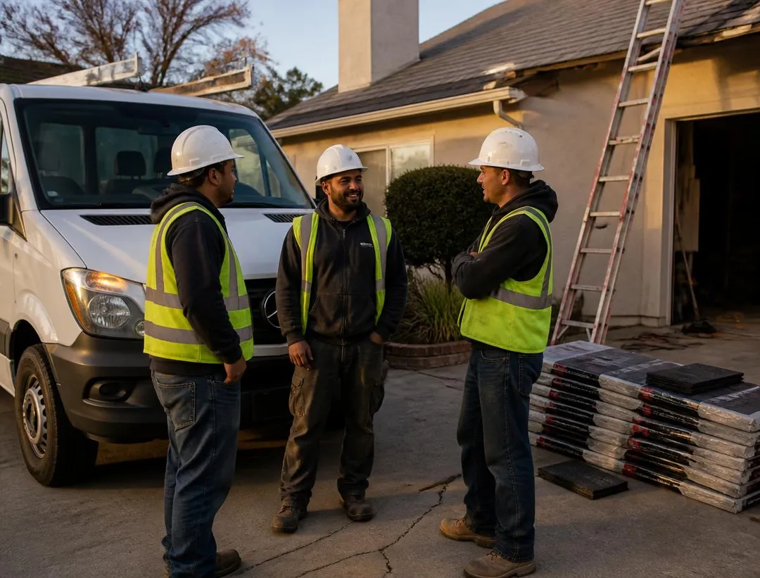 Roofing crew working on a residential roof at sunset