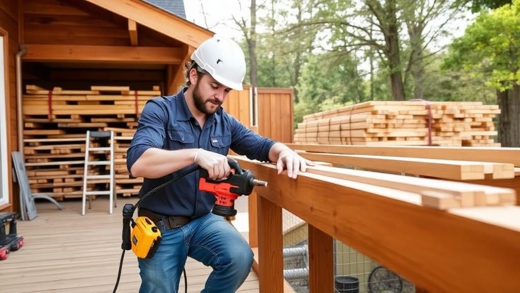 Carpenter building a wooden residential deck with power tools and lumber stack.