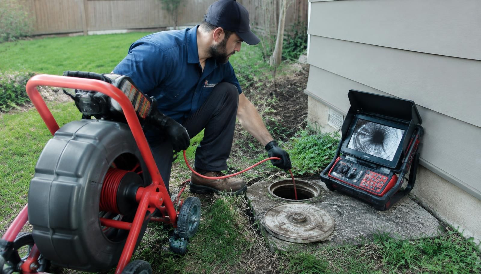 Sewer & Drain Cleaning professional at work on a residential job