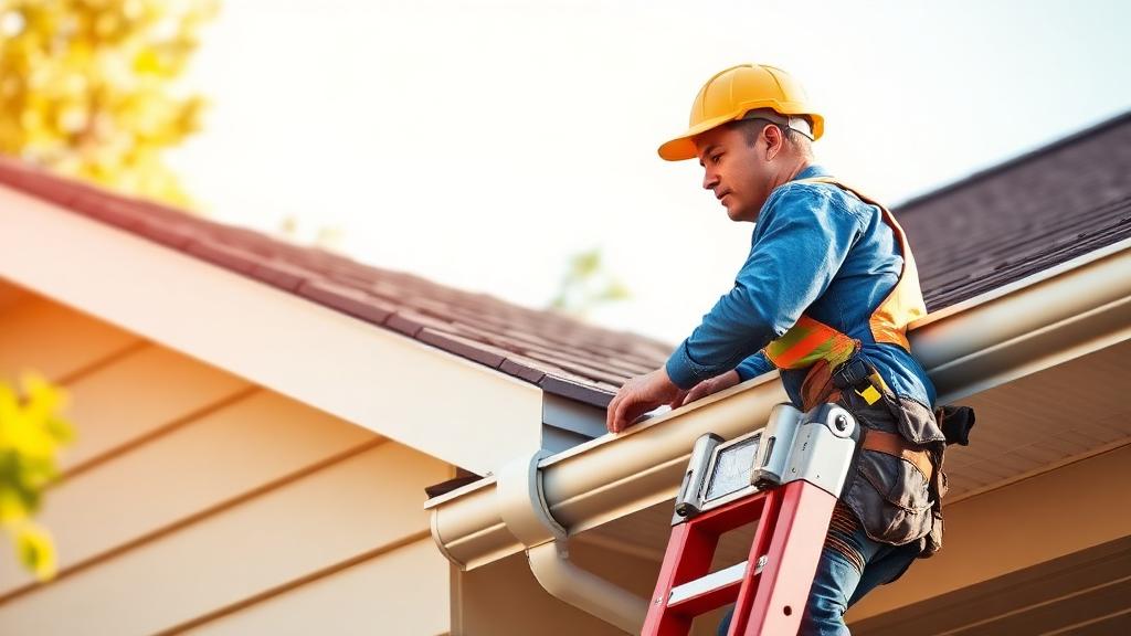 Worker installing aluminum gutters on a residential roof edge.