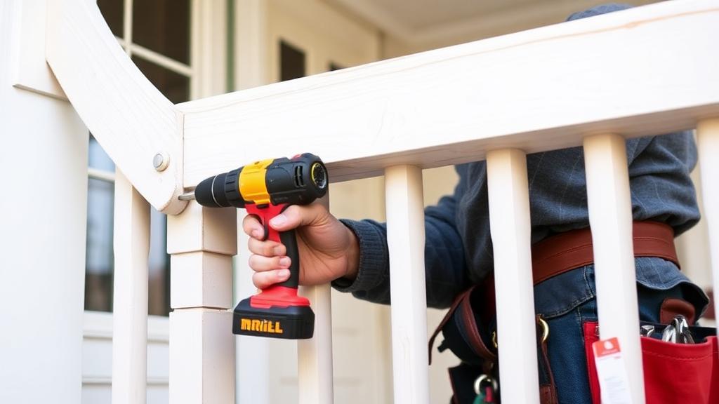 Handyman repairing a residential front porch railing with a drill and tool belt.