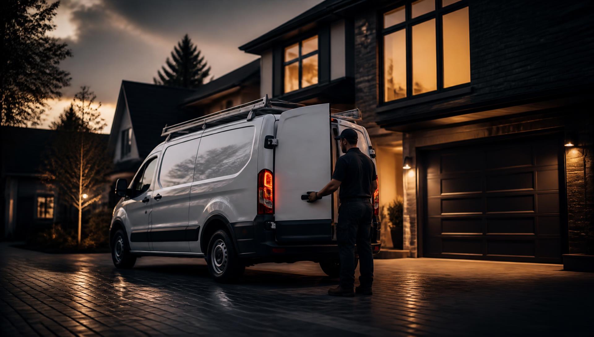 Home service van in a driveway at dusk