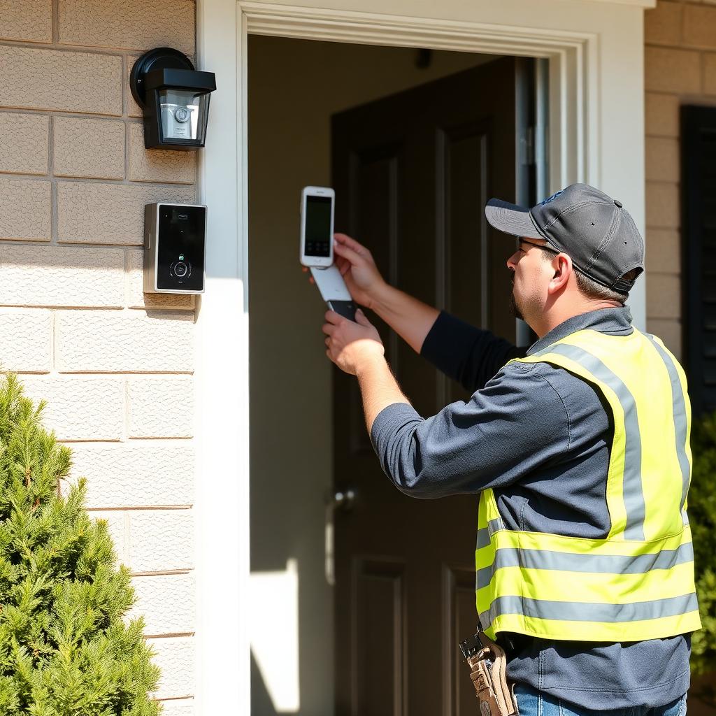 Home security technician installing a smart doorbell camera and alarm panel on a residential front entry.