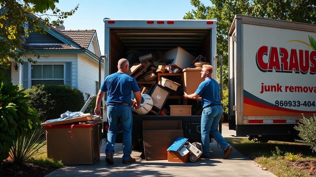 Junk removal crew loading a residential driveway full of furniture and debris into a branded truck.