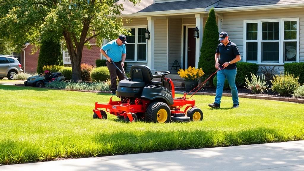 Lawn care crew mowing and edging a residential front yard with a zero-turn mower.