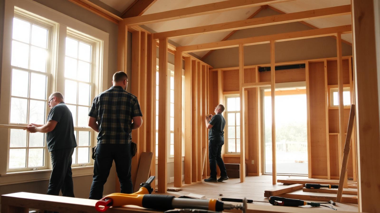 Remodeling crew framing an interior addition with daylight streaming through new windows.