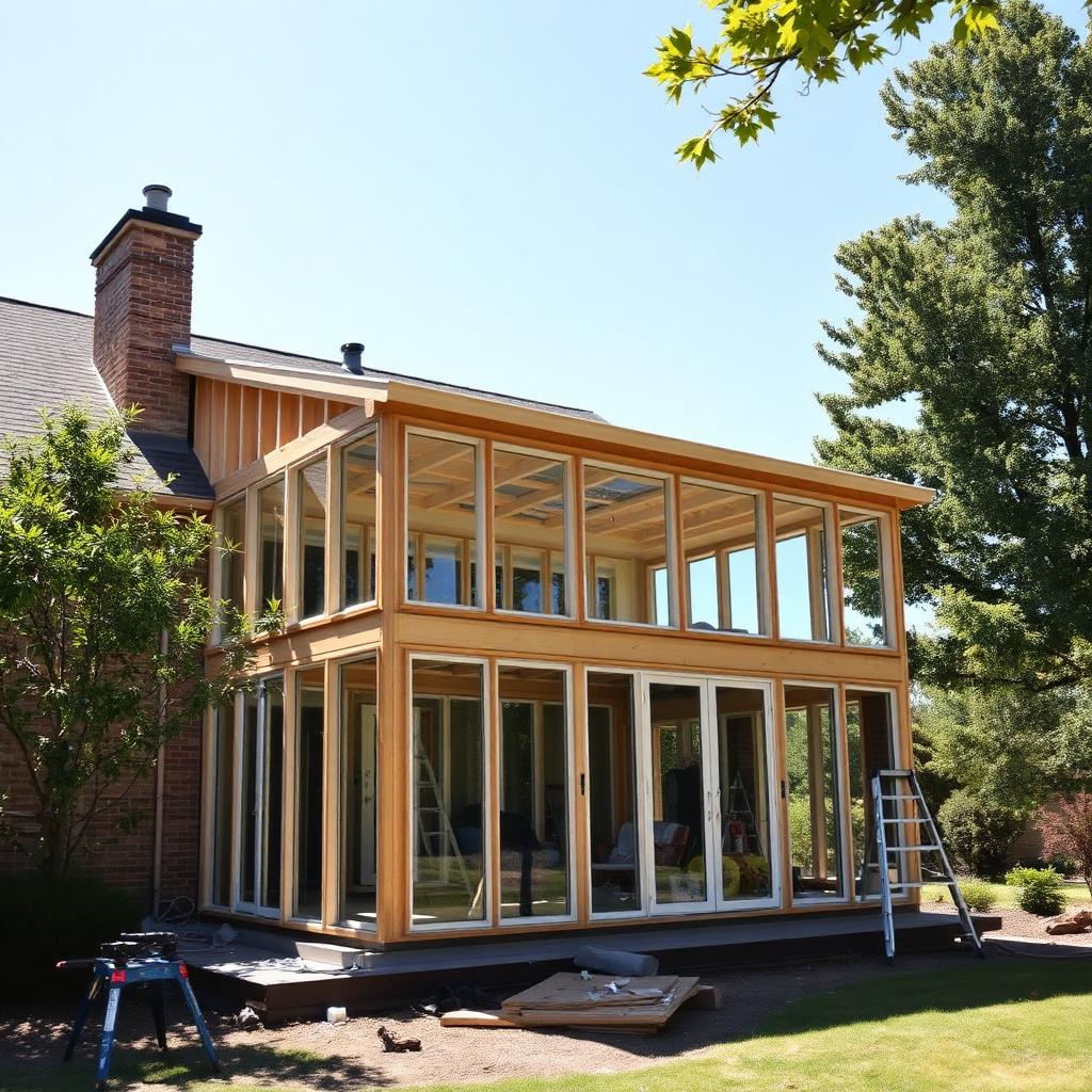 Contractor installing a sunroom addition with large glass windows on the back of a suburban home.