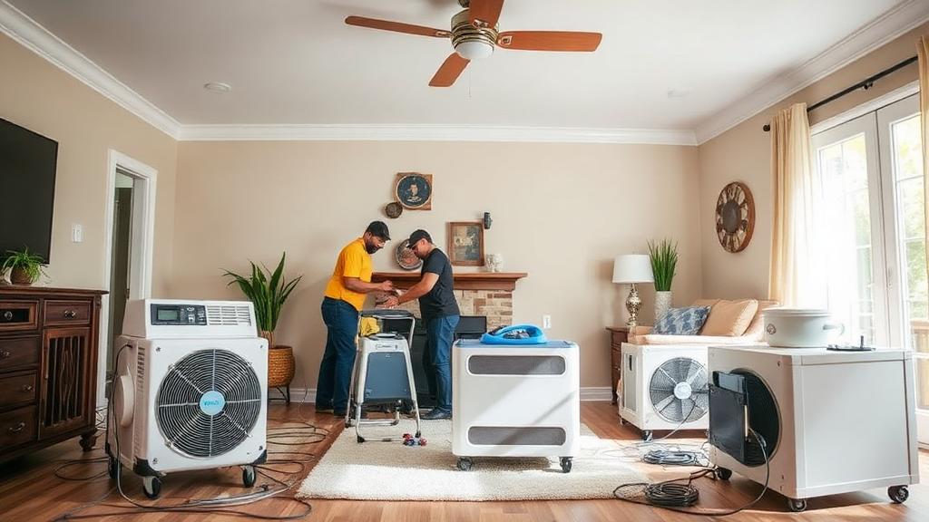 Water damage restoration crew setting up drying equipment and dehumidifiers in a residential living room.