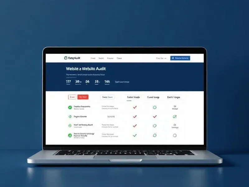 Website grading report showing audit scores and performance metrics on a laptop