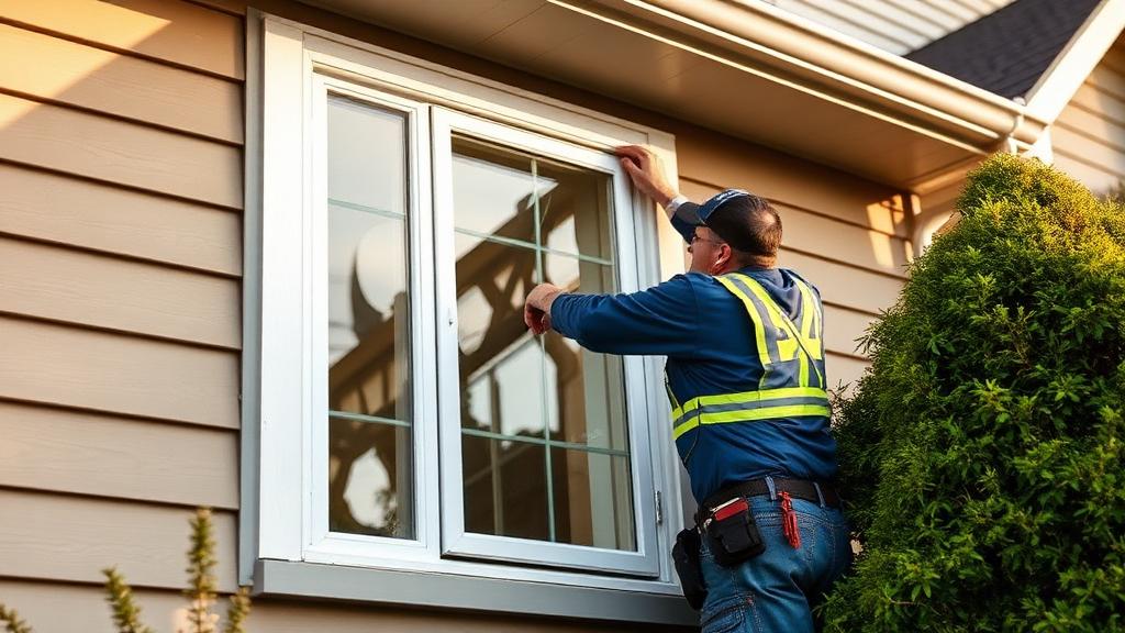 Worker installing new vinyl replacement windows on a suburban home exterior.